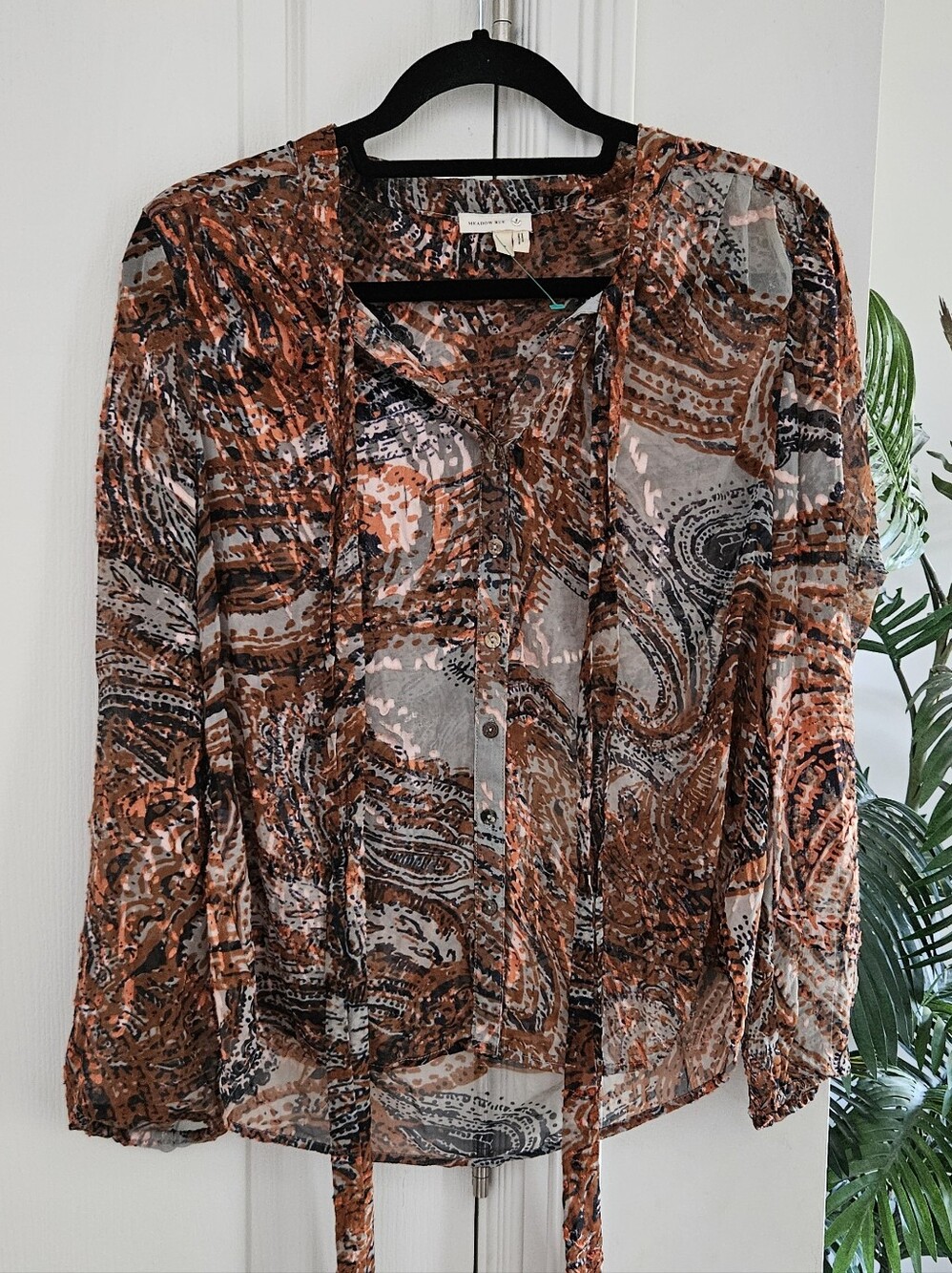 Anthropologie Meadow Rue Sheer Paisley Tie-Neck Blouse - Rust Multi